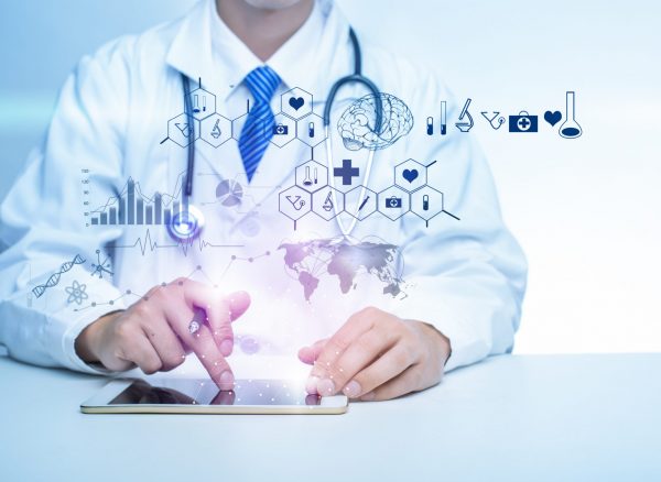 Close up of Doctor is showing medical analytics data, Medical technology concept